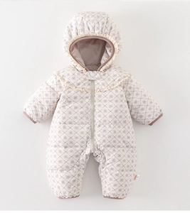 Close-up of baby winter snowsuit with floral print and lace trim hood detailing