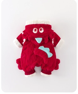 Close-up of red monster toddler romper with soft plush fabric and cute cartoon details