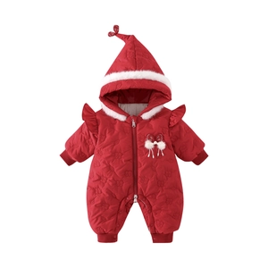 Festive red infant hooded winter romper with floral quilting and plush pom-pom decor