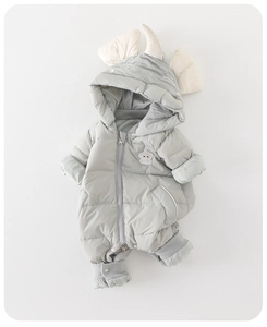 Detailed view of baby winter romper featuring cute hood and cartoon bear embroidery