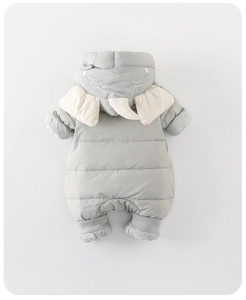 Detail of baby hooded romper with 3D elephant ears and soft ribbed cuffs