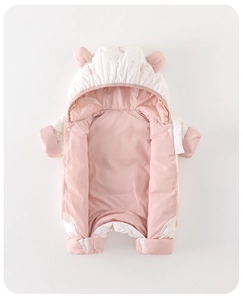 Detailed view of pink baby snowsuit with soft hood ears and cute cartoon patterns