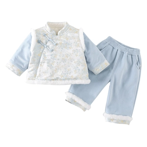 Completo invernale neonato stile cinese con stampa floreale blu e bordo in ecopelliccia