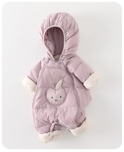 Detailed view of infant quilted down jumpsuit with cartoon apple embroidery and ribbed cuffs