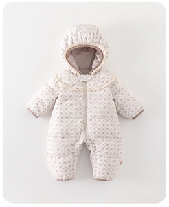 Detail of baby winter romper featuring floral patterns and lace trim on the hood