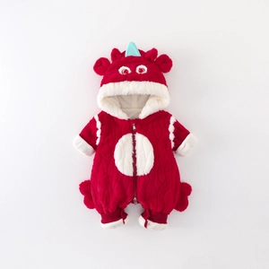 Baby Boys Cartoon Dragon Hooded Romper Thickened Fleece Winter Jumpsuit Red Polyester Warm Bodysuit For Infant New Year