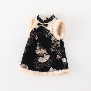 Vestito a gilet tradizionale cinese ispessito per neonata con motivo floreale e collo di pelliccia