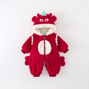 Winter plush red baby romper with dragon horns hood for boys' New Year celebration