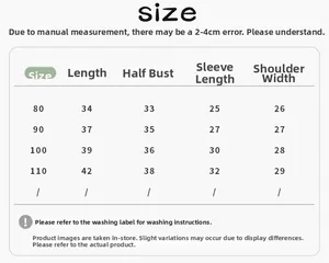 Detailed size chart for baby girl winter down jacket covering lengths for sizes 80 to 110