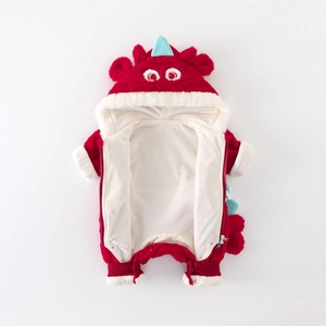 Thick red plush baby dragon romper with hood and warm fleece lining for winter wear