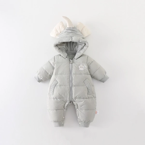 Infant winter romper with white duck down padding and cute unicorn hooded design