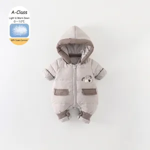 Baby Boy Winter Down Jumpsuit Hooded Thickened Warm White Duck Down Romper Outdoor Snowsuit Cartoon Dog Patch Snow Wear