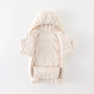 Beiger Baby Winter-Einteiler mit Kapuze, Steppfutter und Druckknopfverschluss