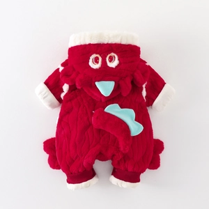 Thick red fleece baby monster romper with blue horns and 3D tail for winter warmth