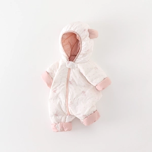 Winter infant hooded romper with warm white duck down and cute rabbit print pattern
