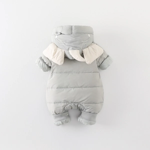 Gray elephant baby hooded down jumpsuit with 3D ears and puffer quilted texture