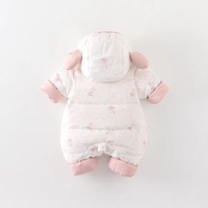 Cute white baby hooded romper with pink rabbit prints and 3D bunny ears for winter