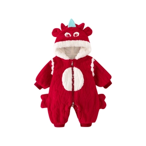 Plush red dragon baby romper with 3D hood and white tummy for winter warmth