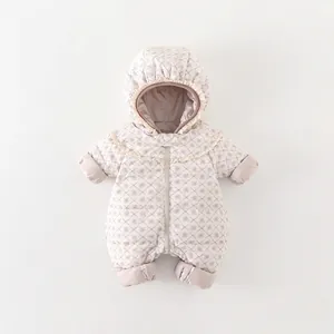 Baby Girls Winter Hooded Down Romper Floral Quilted Snowsuit White Duck Down Warm Outdoor Jumpsuit For Infant Toddlers