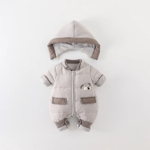 Grey winter baby hooded romper with 90% white duck down insulation and cartoon dog patch