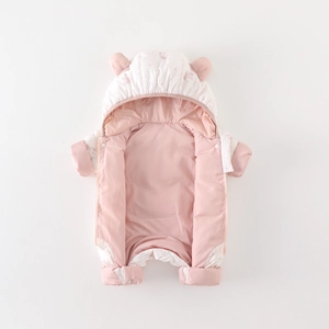 Cute pink floral baby winter romper with bear ears and warm white duck down filling