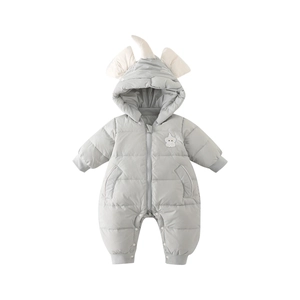 Winter infant hooded puffer romper in light grey with 90% duck down and bear embroidery