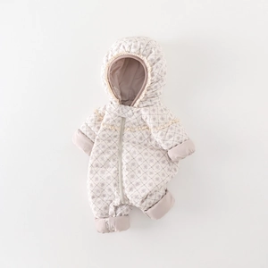 Infant winter romper jacket with quilted white duck down and floral lace hood details