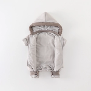 Thickened light grey baby hooded romper with white duck down padding for winter warmth