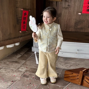 Traditional Chinese style baby girl outfit with jacquard vest and plush winter warm pants