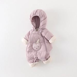 Infant winter snowsuit in lavender with 90% white duck down and cute apple patch detail