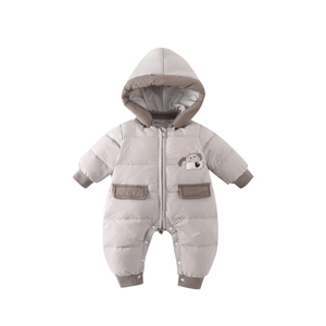 Thick baby winter jumpsuit in light grey with warm white duck down and cute puppy patch