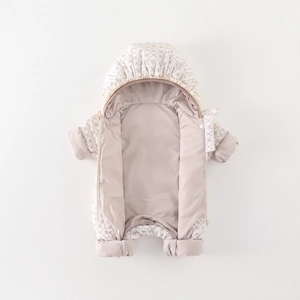 Winter infant hooded jumpsuit featuring purple floral patterns with thick warm lining