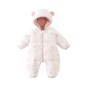 Baby girl winter hooded snowsuit with cute rabbit patterns and 3D bear ears design