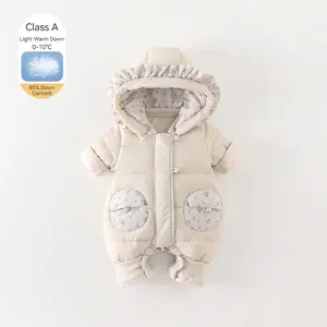 Infant Winter Thick White Duck Down Jumpsuit Hooded Floral Lining Baby Romper Snowsuit Warm Padded Outwear For Girls