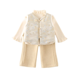 Winter 3-piece Chinese style warm outfit for baby girls with floral vest and frill top