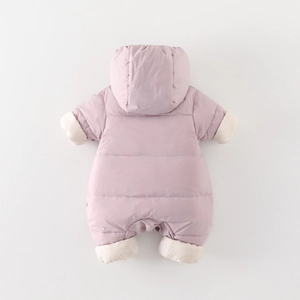 Padded winter baby romper in light purple with white fleece lining and warm hood