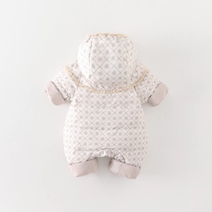 Cozy floral print baby hooded jumpsuit with lace collar detail in soft beige