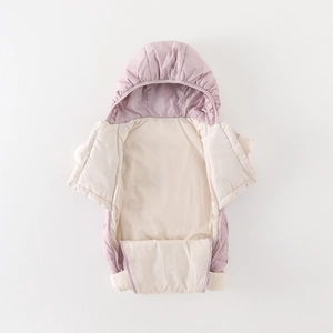 Winter infant puffer jumpsuit in lilac and cream with warm hood and quilted lining
