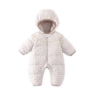 Quilted floral baby winter jumpsuit with 90% white duck down and lace hooded detail