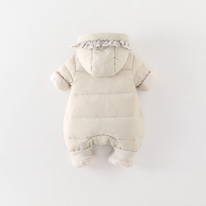 Winter infant down romper with floral lace hood and quilted warm white thick fabric