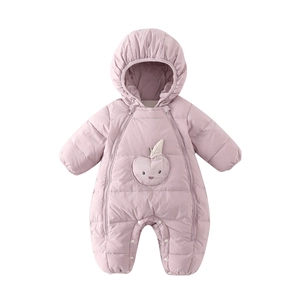 Infant winter hooded down romper in pale pink purple with bear patch and dual zippers