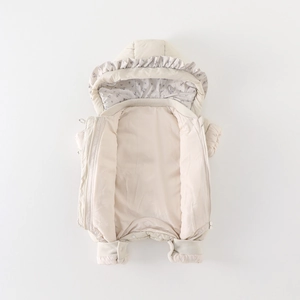 Thick beige baby down romper with floral lining and ribbed cuffs for winter warmth
