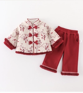 Detailed quilted texture of a traditional Chinese winter outfit with soft faux fur trim