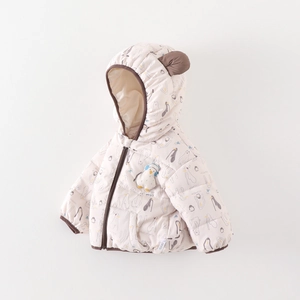 Giacca invernale neonato con cappuccio, stampa pinguino e orecchie 3D color crema