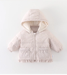 Detail of baby girl winter down jacket with pink floral print and ruffled hem