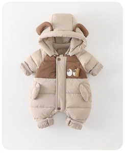 Detail of baby winter romper showing padded fleece lining and cute animal ear hood