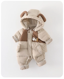 Detail of baby winter romper showing warm fleece lining and 3D animal ear hood design