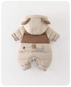 Close-up of baby winter romper with animal hooded design and cute dog print on the back