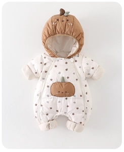 Detail of baby pumpkin jumpsuit showing double zipper and thick quilted warm fabric