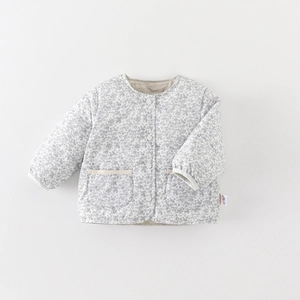 Quilted winter jacket for baby girls with cream floral print and warm padding